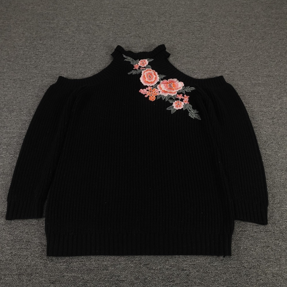 Charlotte Russe Sweater Womens‎ Large Black Floral Cold Shoulder Pullover Y2K